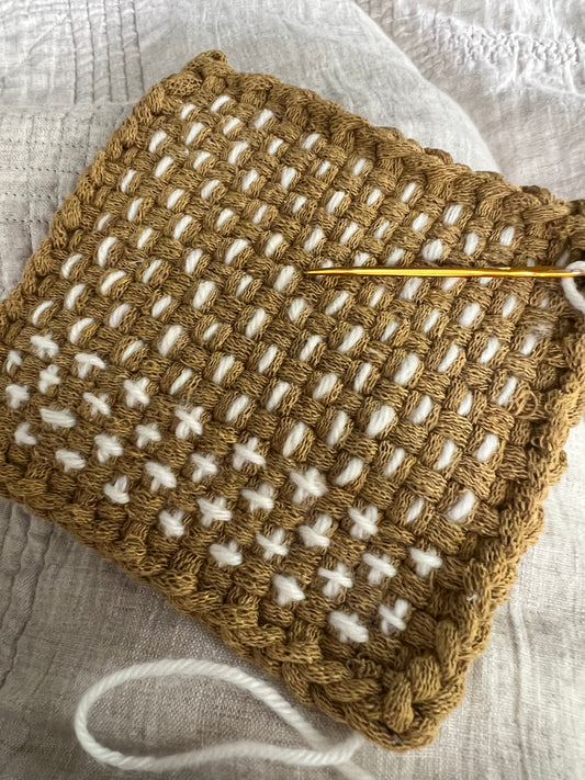 Ochre Potholder with Sashiko threading in Ecru