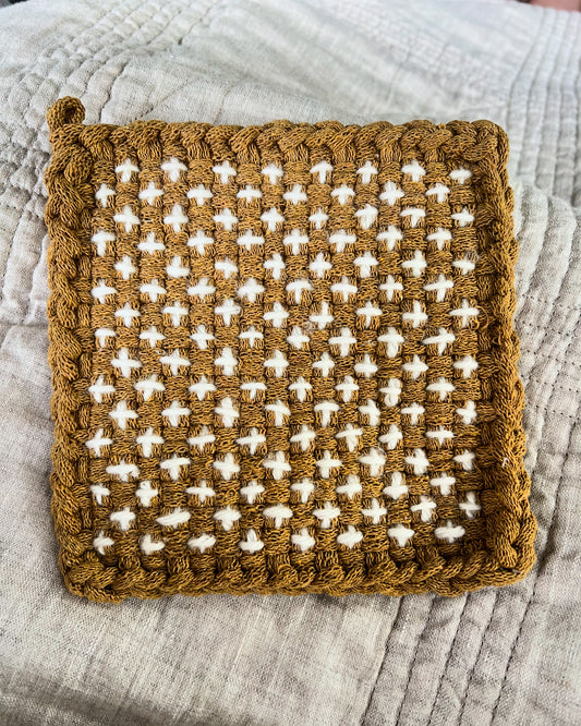 Ochre Potholder with Sashiko threading in Ecru