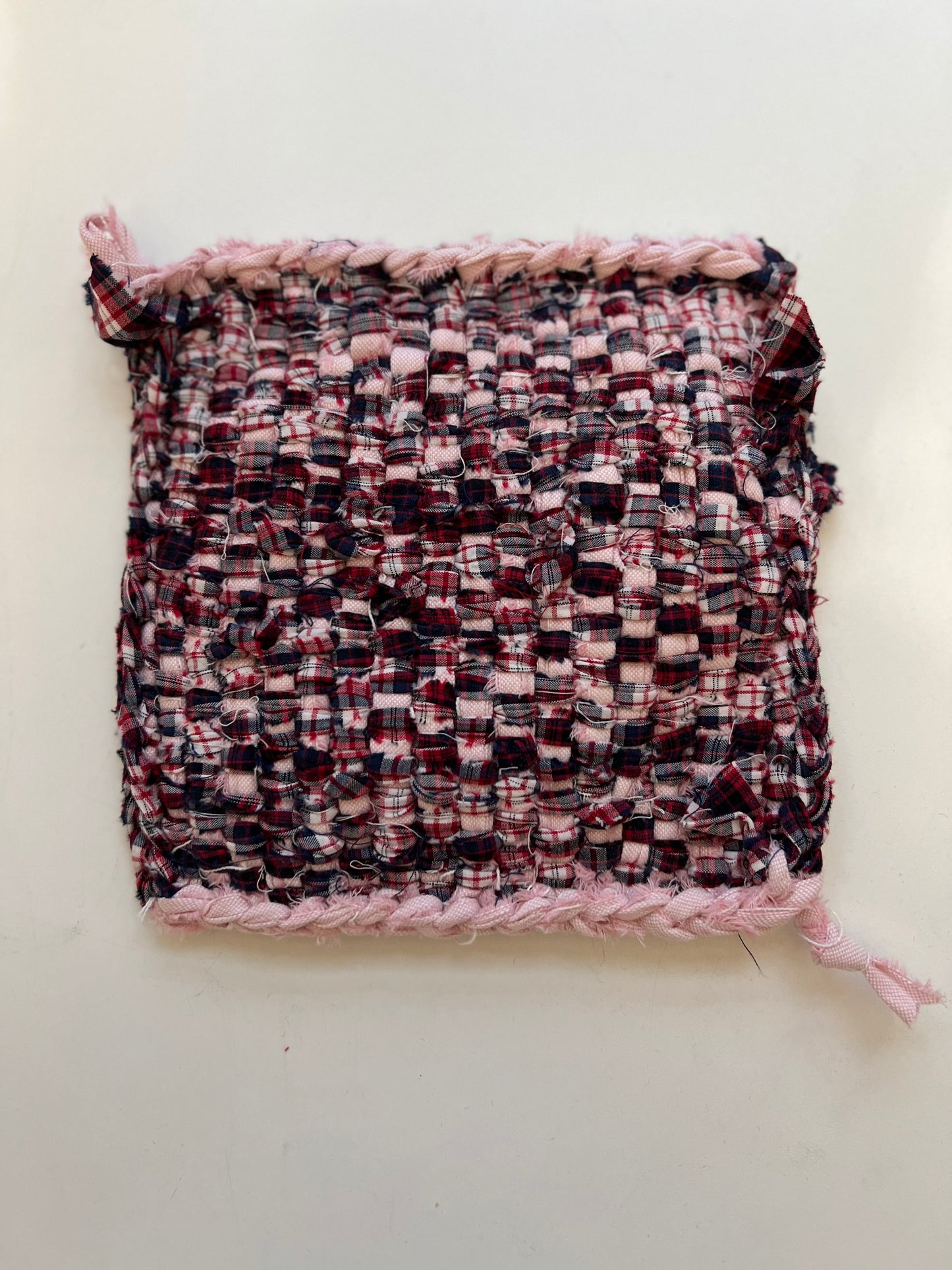 Rag Trivet Pink Red Plaid Square